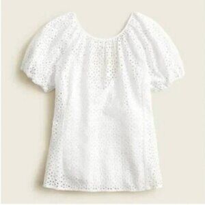 J.Crew Eyelet Puff Sleeve Top | V-Back | White Cotton Blouse | Size 12